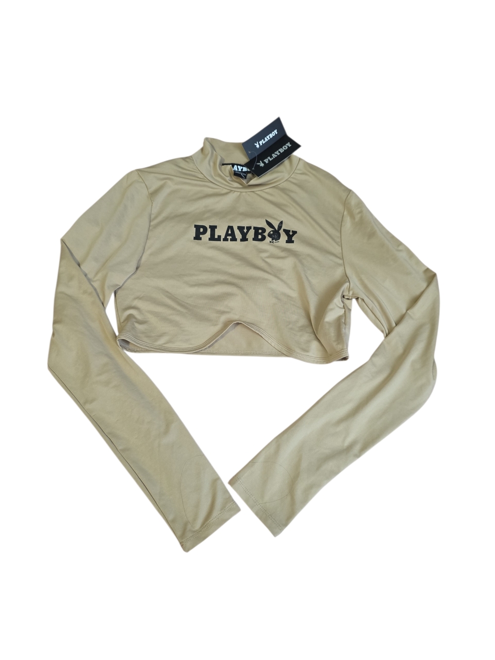 5 For $50 PLAYBOY Cropped Long-Sleeve Top in Cream with Black Logo